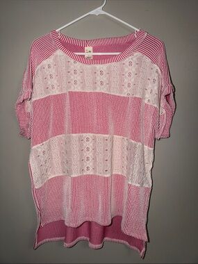 7th Ray Pink & White Striped Knit Short Sleeve Top